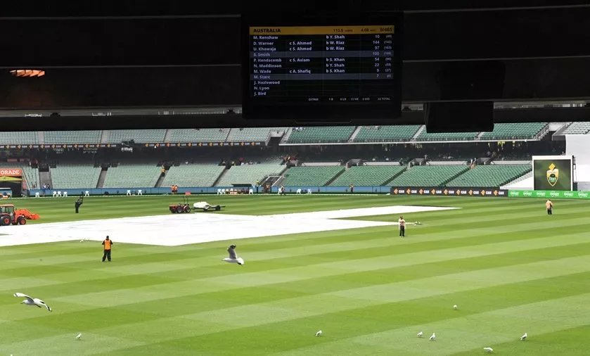 covers lay on the pitch as rain stops play on the fourth day of the second cricket test match between australia and pakistan in melbourne on december 29 2016 photo afp covers lay on the pitch as rain stops play on the fourth day of the second cricket test match between australia and pakistan in melbourne on december 29 2016 photo afp