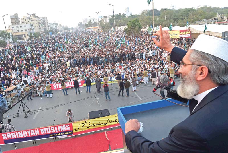 ji chief sirajul haq addresses party workers in karachi photo afp