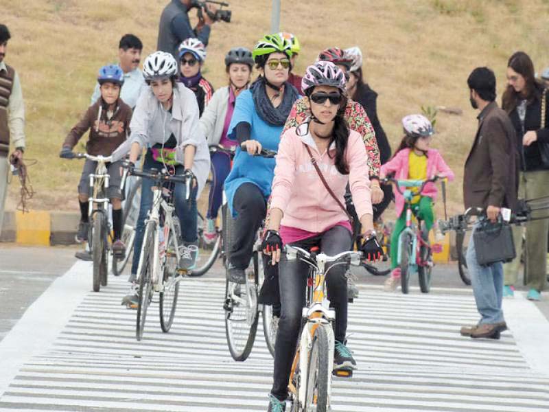 girls riding cycles at the inaugural ceremony of bicycle lane in islamabad on november 13 photo file