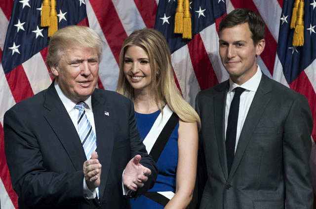 this file photo taken on july 16 2016 shows from l republican presidential candidate donald trump his daughter ivanka trump and her husband jared kushner standing on stage at the end of an event at the hilton midtown hotel in new york city photo afp