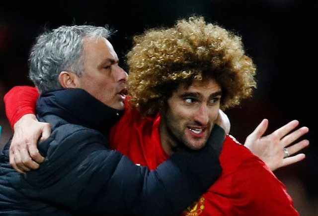 manchester united 039 s marouane fellaini celebrates scoring their second goal with manager jose mourinho photo reuters