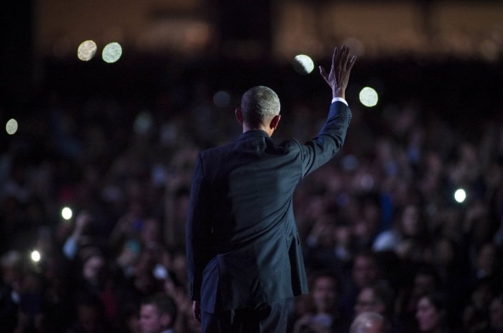 us president barack obama waves to supporters after delivering his farewell speech at mccormick place on january 10 2017 in chicago illinois photo afp