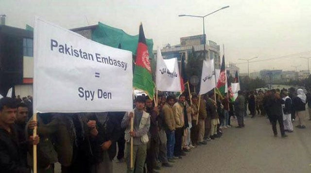 afghan protesters hold placards during a demonstration staged outside the pakistani embassy in kabul on friday january 13 2016 photo courtesy twitter com 1tvnewsaf