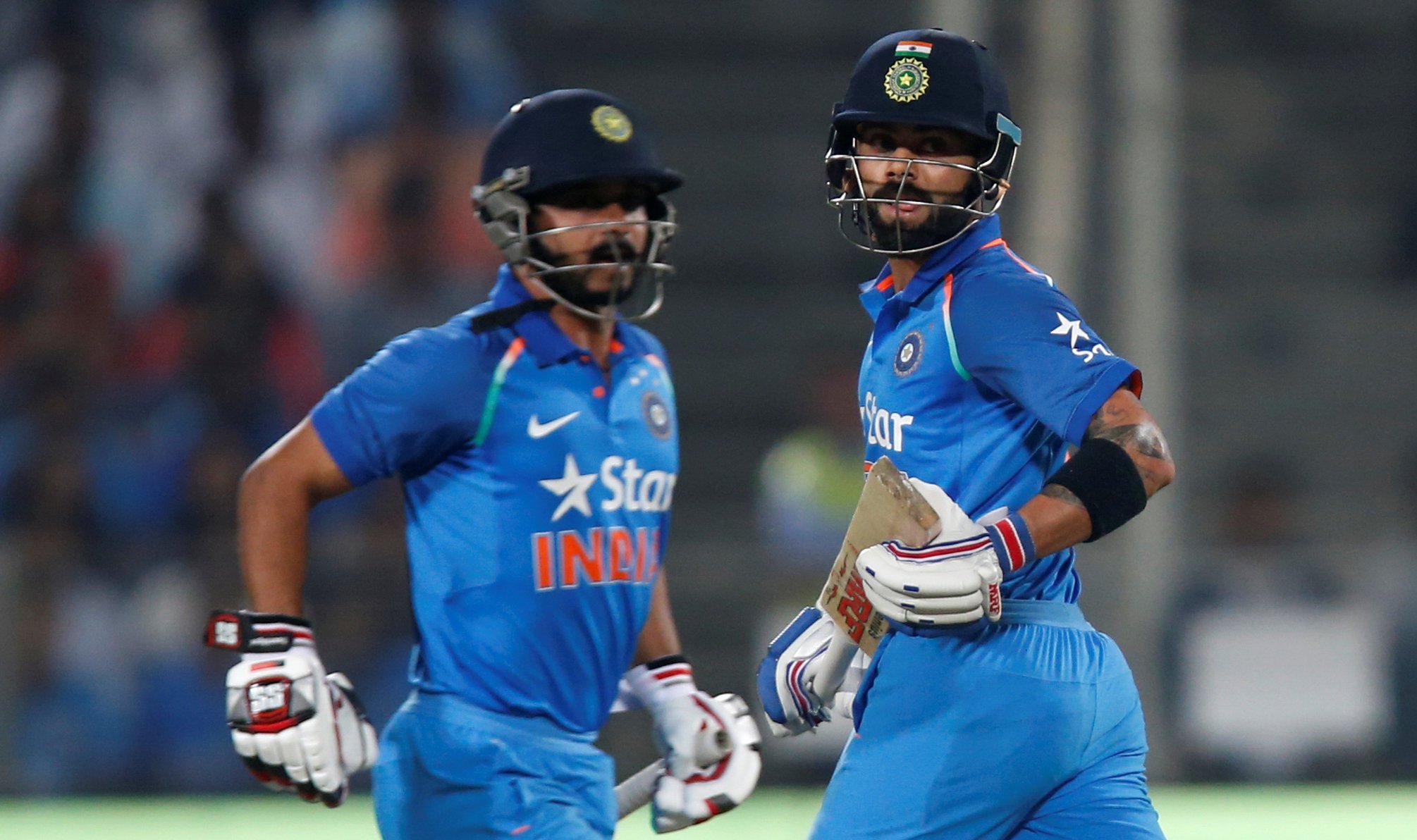 india 039 s captain virat kohli r and his teammate kedar jadhav run between the wickets against england on january 15 2016 photo reuters