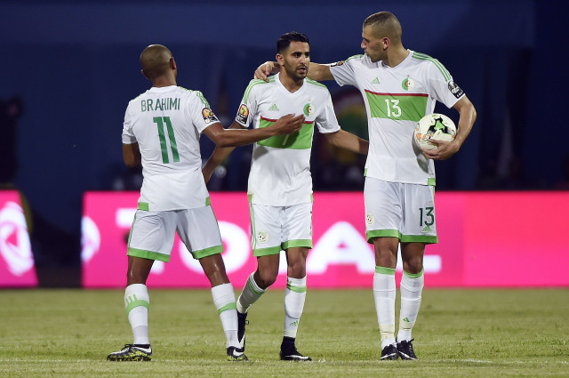 mahrez c celebrates with algerian teammates yacine brahimi r and islam slimani after scoring a second goal against zimbabwe photo afp mahrez c celebrates with algerian teammates yacine brahimi r and islam slimani after scoring a second goal against zimbabwe photo afp