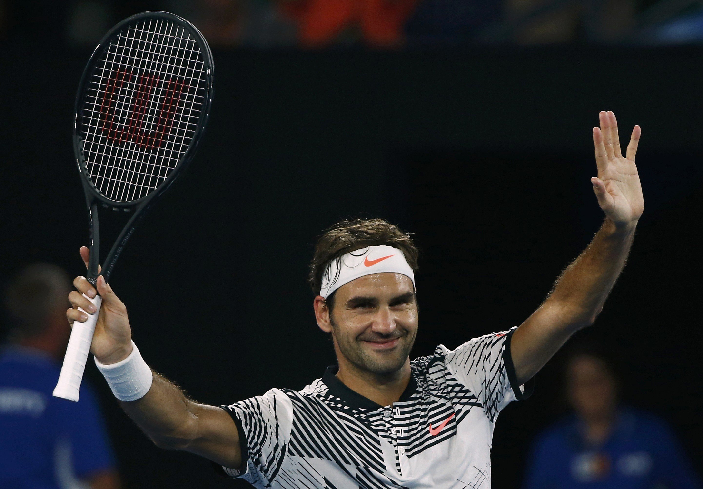 switzerland 039 s roger federer celebrates after winning his men 039 s singles first round match against austria 039 s jurgen melzer on january 16 2017 photo reuters