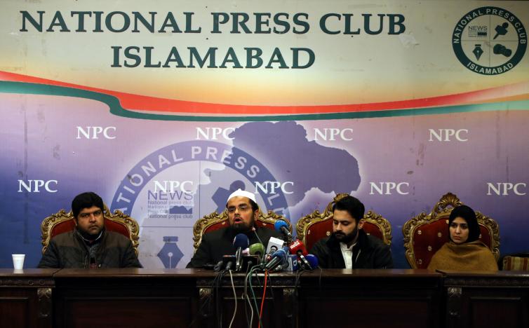 mufti faisal khushi speaks as mesha saeed r wife of missing social activist waqass goraya jibran nasir 2ndr a human rights lawyer and faraz haider l brother of missing social activist salman haider listen during a news conference in islamabad pakistan january 18 2017 photo reuters