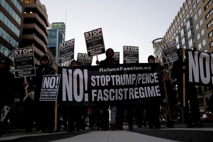 anti trump demonstrators organized by refusefascism org march through the streets of washington january 18 2017 reuters james lawler duggan