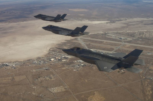 three f 35 joint strike fighters rear to front af 2 af 3 and af 4 can be seen flying over edwards air force base photo reuters three f 35 joint strike fighters rear to front af 2 af 3 and af 4 can be seen flying over edwards air force base photo reuters