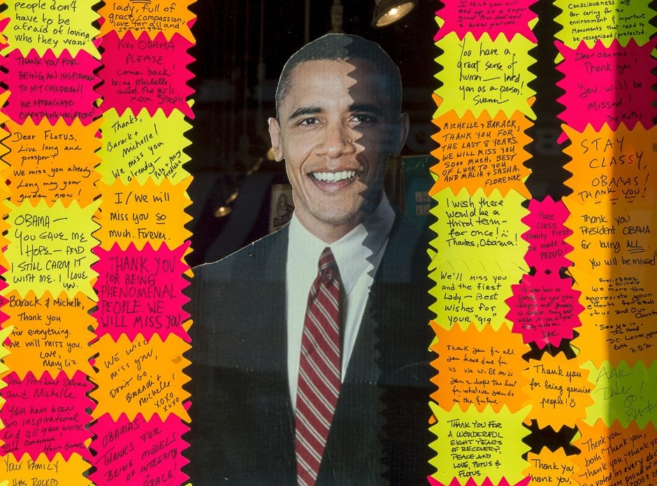 thank you notes written by people passing by are seen around a cardboard cutout of outgoing us president barack obama at the quot wake up little susy quot women 039 s gift store in the cleveland park area of in washington dc photo afp