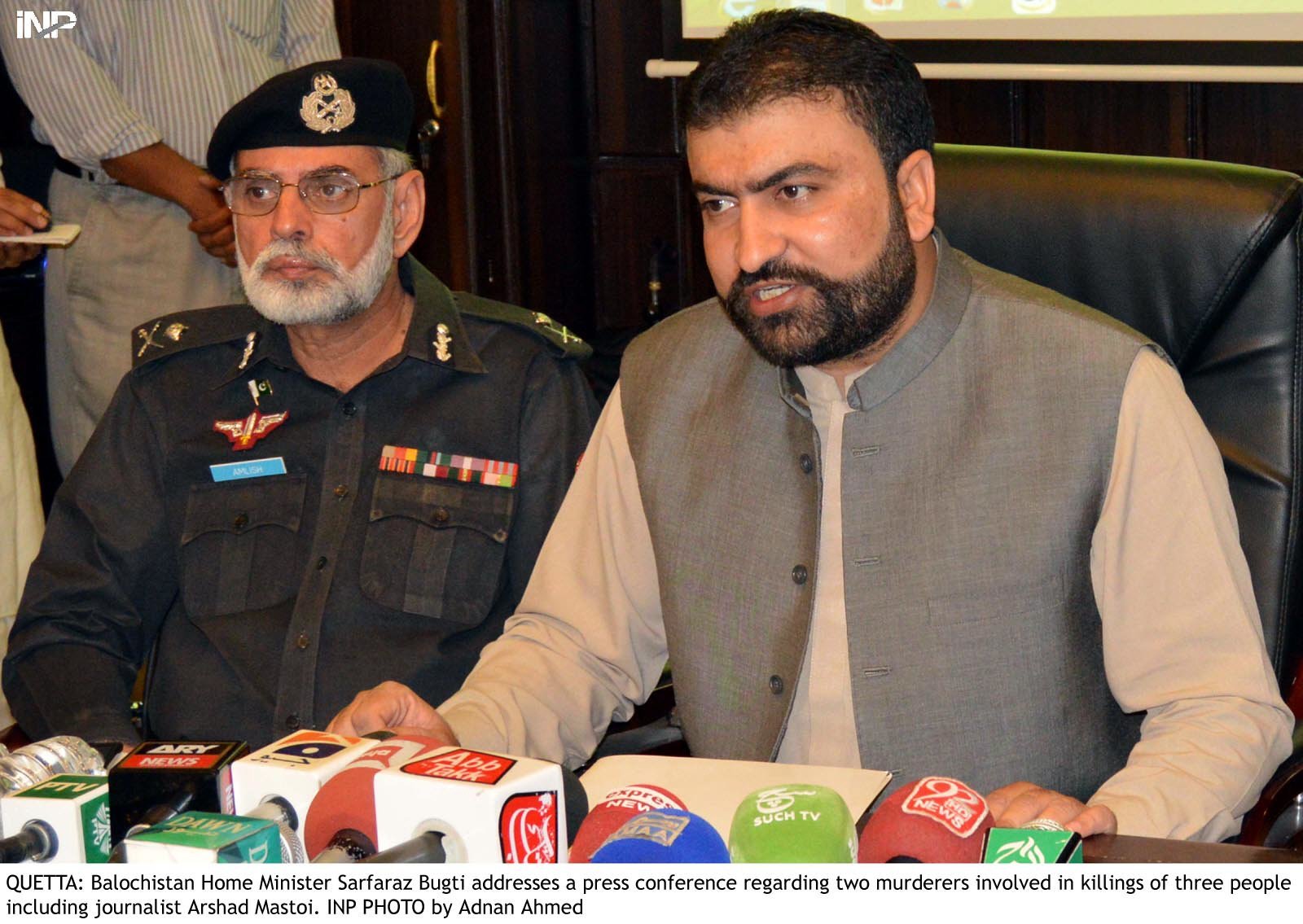 balochistan home minister sarfaraz bugti addresses a press conference in quetta on september 1 2015 photo inp