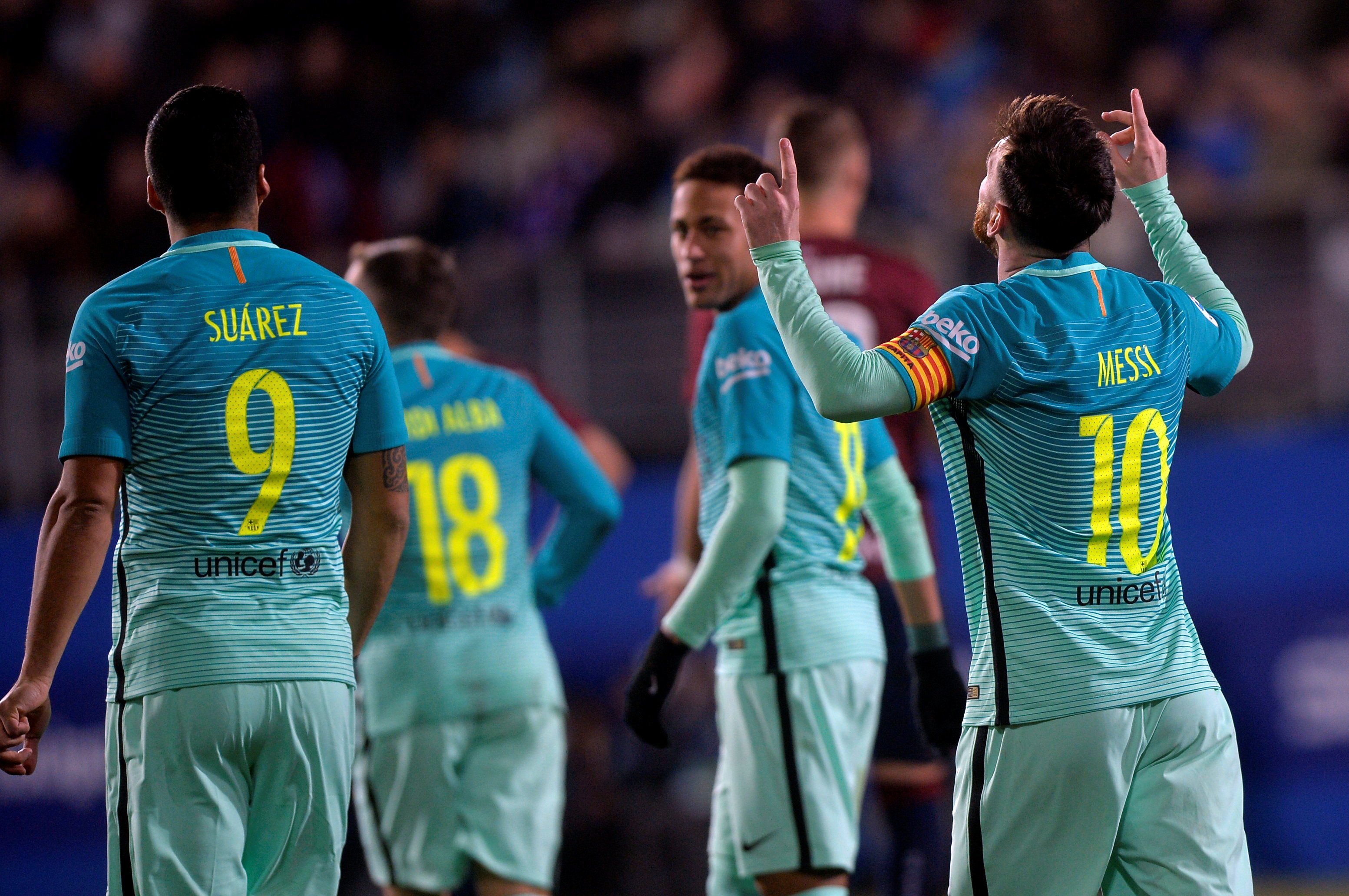 barcelona 039 s lionel messi celebrates a goal alongside teammates luis suarez and neymar on january 22 2016 photo reuters