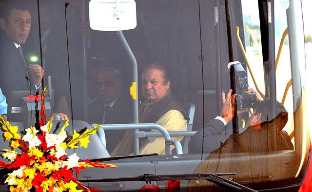 prime minister nawaz sharif travels in a metro bus after inauguration of the service in multan photo app