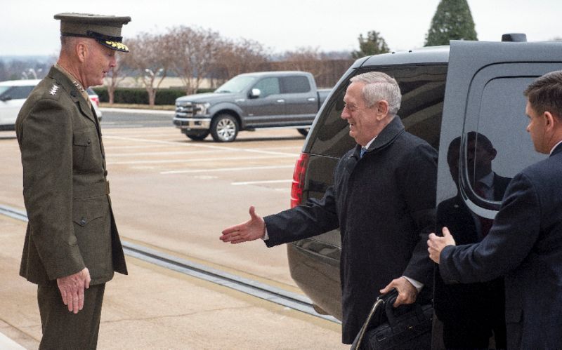 us secretary of defense james mattis r arrives at the pentagon on january 21 2017 photo afp