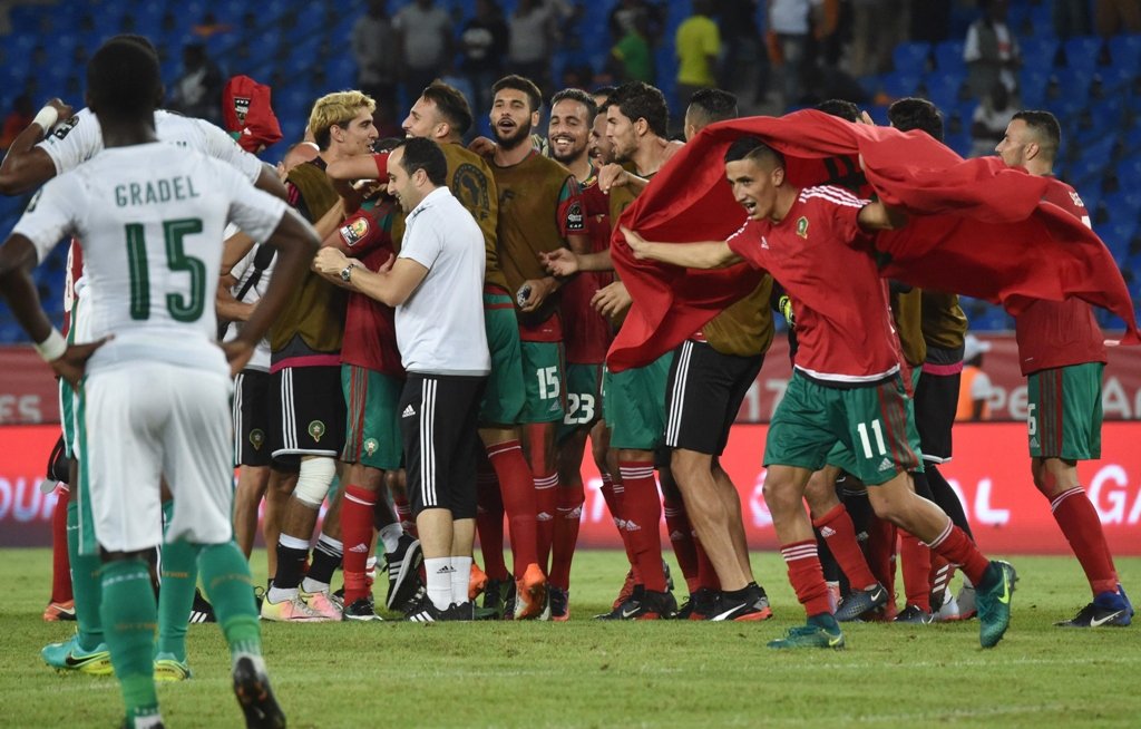 morocco 039 s players celebrate at the end of the 2017 africa cup of nations group c football match between morocco and ivory coast on january 24 2017 photo afp