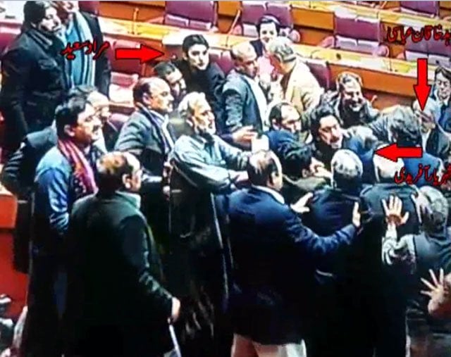 express news screen grab of the scuffle in the national assembly on thursday