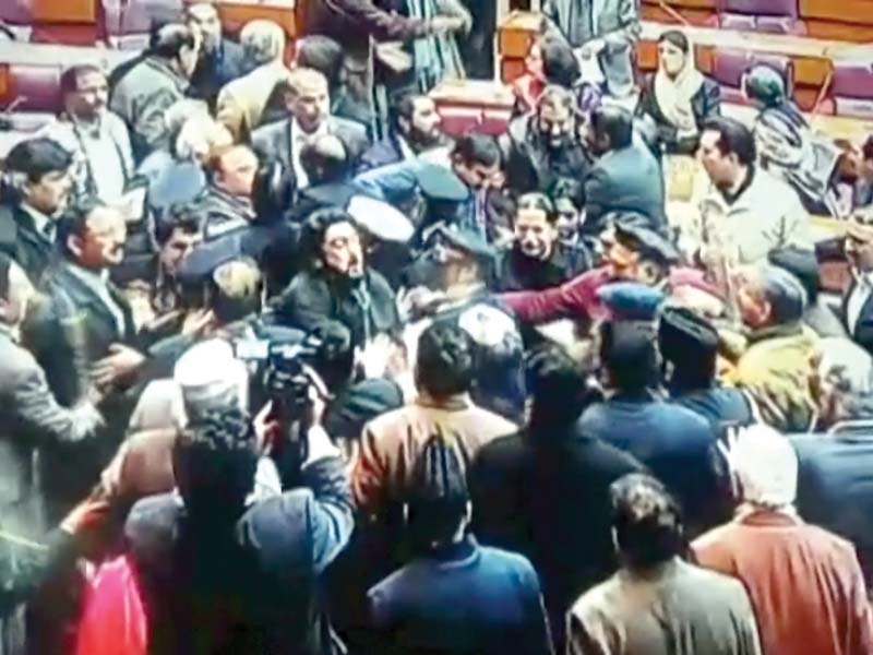 screen grab shows pti s shehryar afridi and minister shahid khaqan abbasi engaged in a scuffle in the lower house