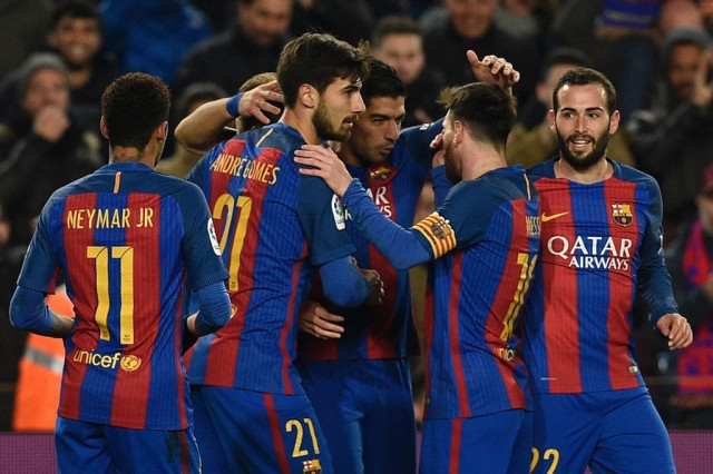 luis suarez c celebrates with teammates at the camp nou in barcelona on january 26 2017 photo afp luis suarez c celebrates with teammates at the camp nou in barcelona on january 26 2017 photo afp