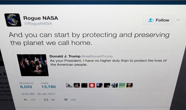 the twitter account of rogue nasa is seen replying to a tweet by u s president donald trump in a photo illustration in toronto ontario canada january 26 2017 photo reuters the twitter account of rogue nasa is seen replying to a tweet by u s president donald trump in a photo illustration in toronto ontario canada january 26 2017 photo reuters