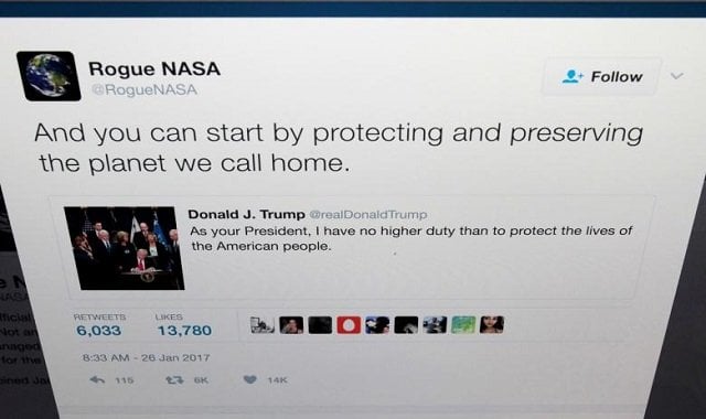 the twitter account of rogue nasa is seen replying to a tweet by u s president donald trump in a photo illustration in toronto ontario canada january 26 2017 photo reuters