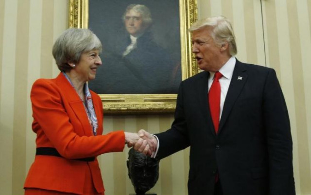 u s president donald trump greets british prime minister theresa may in the white house oval office in washington u s january 27 2017 reuters kevin lamarque