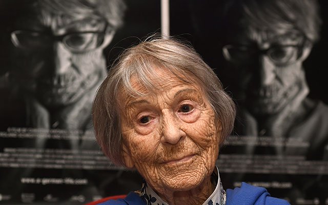 this file photo taken on june 29 2016 shows brunhilde pomsel former secretary of nazi propaganda chief joseph goebbels sitting on a cinema chair in front of posters for the movie quot a german life quot in a cinema in munich southern germany brunhilde pomsel died on january 27 2017 at the age of 106 it was announced on january 30 2017 photo afp