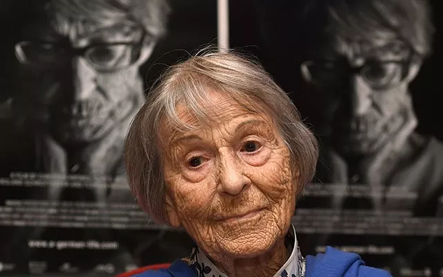 this file photo taken on june 29 2016 shows brunhilde pomsel former secretary of nazi propaganda chief joseph goebbels sitting on a cinema chair in front of posters for the movie quot a german life quot in a cinema in munich southern germany brunhilde pomsel died on january 27 2017 at the age of 106 it was announced on january 30 2017 photo afp this file photo taken on june 29 2016 shows brunhilde pomsel former secretary of nazi propaganda chief joseph goebbels sitting on a cinema chair in front of posters for the movie quot a german life quot in a cinema in munich southern germany brunhilde pomsel died on january 27 2017 at the age of 106 it was announced on january 30 2017 photo afp