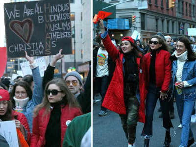 sisters gigi hadid and bella hadid join anti trump rally