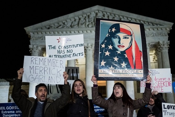 protestors gather outside of the supreme court january 31 2017 in washington dc photo afp