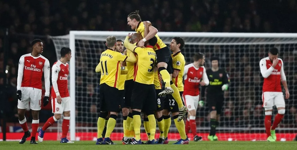 watford 039 s younes kaboul is mobbed by teammates as he celebrates scoring his team 039 s first goal against arsenal at the emirates stadium in london on january 31 2017 photo afp watford 039 s younes kaboul is mobbed by teammates as he celebrates scoring his team 039 s first goal against arsenal at the emirates stadium in london on january 31 2017 photo afp