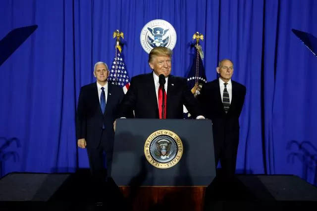 us president donald trump c flanked by vice president mike pence l and homeland security secretary john kelly r takes the stage to deliver remarks at homeland security headquarters in washington us january 25 2017 photo reuters us president donald trump c flanked by vice president mike pence l and homeland security secretary john kelly r takes the stage to deliver remarks at homeland security headquarters in washington us january 25 2017 photo reuters