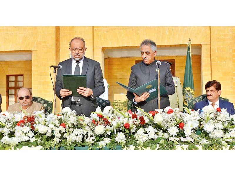 shc chief justice sajjad ali shah administers oath to muhammad zubair at the governor house photo app