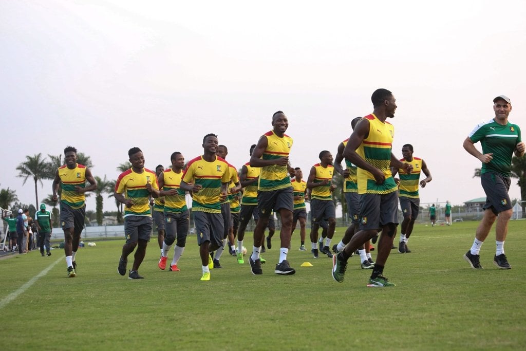 cameroon players attend a training session at agondje stadium in libreville on february 3 2017 photo afp