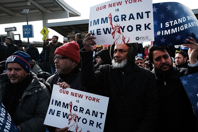 muslim men attend a prayer and demonstration at jfk airport to protest president donald trump s executive order banning immigrants and refugees from seven muslim majority countries on february 3 2017 in new york city photo afp muslim men attend a prayer and demonstration at jfk airport to protest president donald trump s executive order banning immigrants and refugees from seven muslim majority countries on february 3 2017 in new york city photo afp
