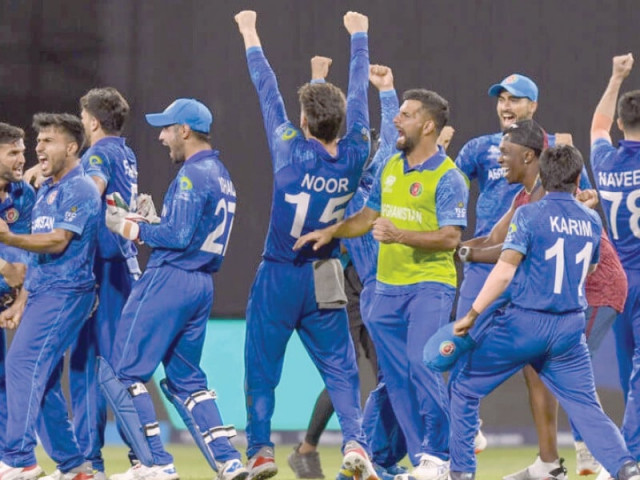 afghanistan s players celebrate victory over bangladesh at the t20 world cup which sealed a place in the semi finals and eliminated australia photo afp afghanistan s players celebrate victory over bangladesh at the t20 world cup which sealed a place in the semi finals and eliminated australia photo afp