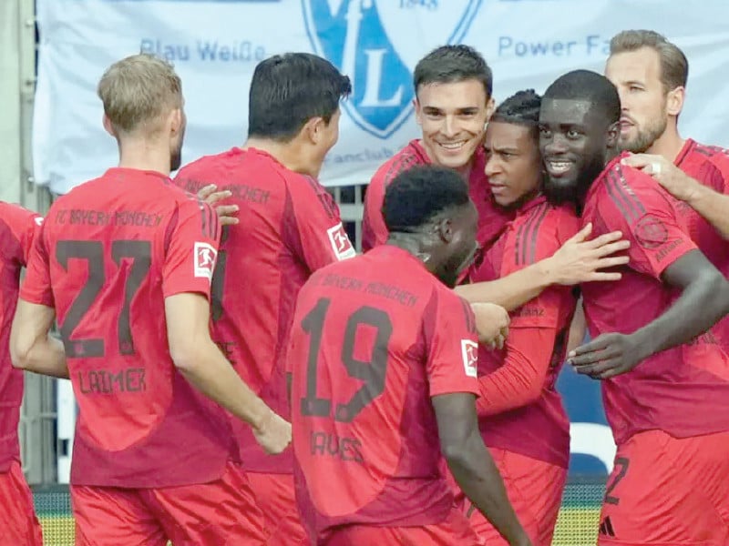 bayern munich players celebrate their goal against bochum photo afp