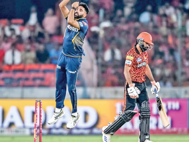 gujarat titans mohammed siraj takes the wicket of sunrisers hyderabad s simarjeet singh photo afp gujarat titans mohammed siraj takes the wicket of sunrisers hyderabad s simarjeet singh photo afp