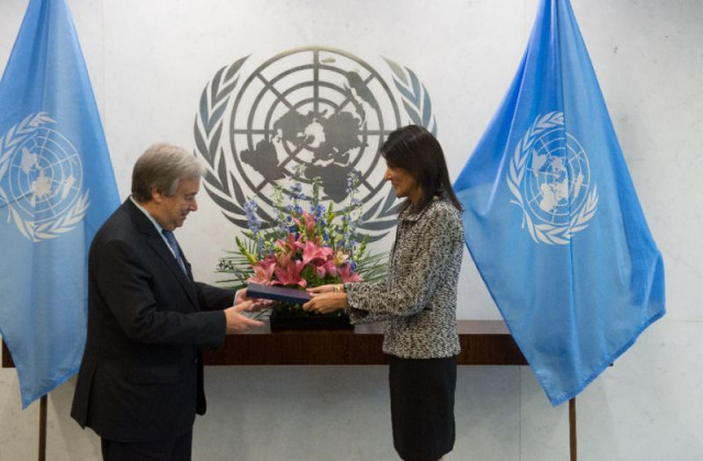 new us ambassador to the united nations nikki haley hands her credentials to un secretary general antonio guterres photo afp new us ambassador to the united nations nikki haley hands her credentials to un secretary general antonio guterres photo afp