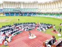 k p assembly speaker babar saleem swati presides over a session at imran khan cricket stadium turning the venue into an unusual parliamentary setting photo express