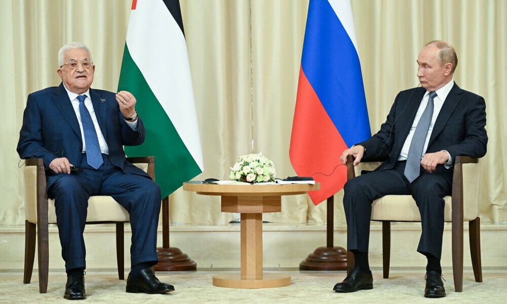 russian president vladimir putin meets palestinian authority president mahmud abbas in novo ogaryovo outside moscow on august 13 2024 photo afp