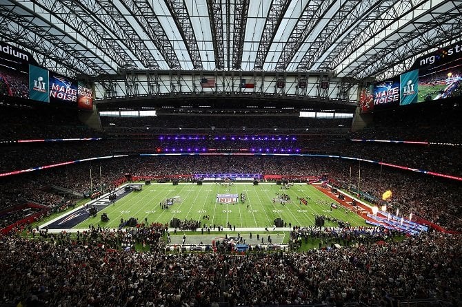 a general view as the teams take the field prior to super bowl 51 between the atlanta falcons and the new england patriots at nrg stadium on february 5 2017 in houston texas photo afp