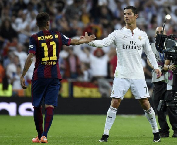 brazilian forward neymar da silva santos junior l congratulates real madrid 039 s portuguese forward cristiano ronaldo photo afp