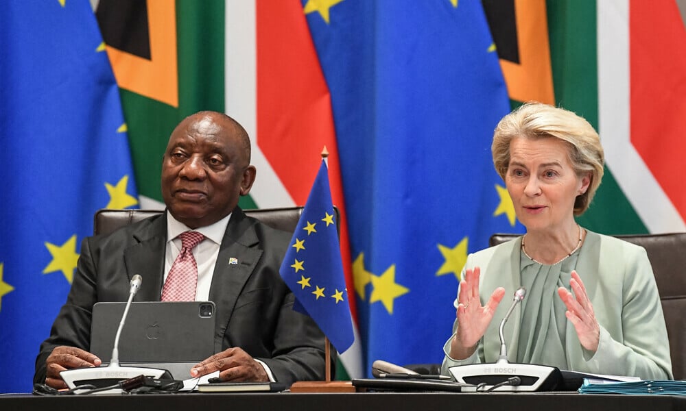 south africa s president cyril ramaphosa l and president of the european commission ursula von der leyen r attend the 8th south africa european union sa eu summit at tuynhuys in cape town on march 13 2025 photo afp