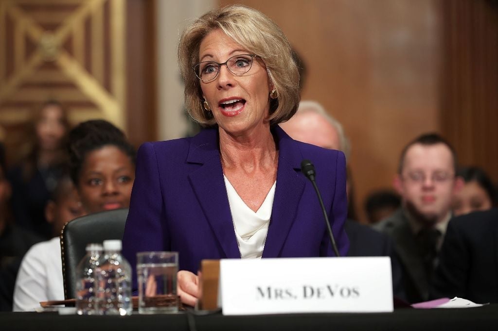 newly confirmed education secretary betsy devos is seen testifying january 17 2017 during her confirmation hearing before the senate health education labor and pensions committee photo afp