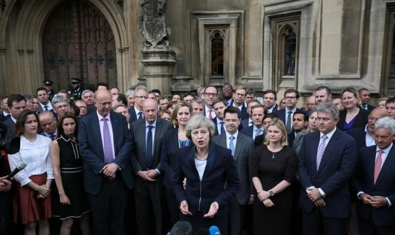 theresa may speaks to reporters after being confirmed as the leader of the conservative party and britain 039 s next prime minister outside the houses of parliament in westminster central london july 11 2016 photo reuters