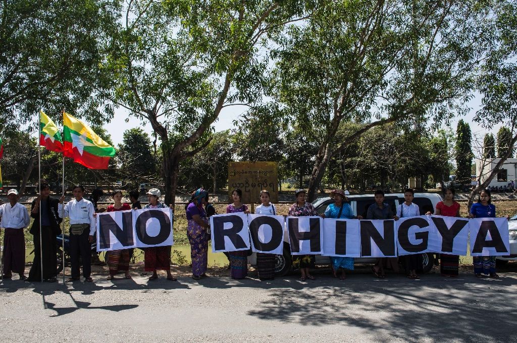 a hardline anti rohingya buddhist group together with monks protest outside yangon 039 s thilawa port against the delivery of aid by a malaysian ship to rohingya muslims on february 9 2017 photo afp