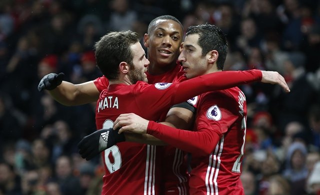 manchester united 039 s anthony martial celebrates scoring their second goal with henrikh mkhitaryan and juan mata photo reuters