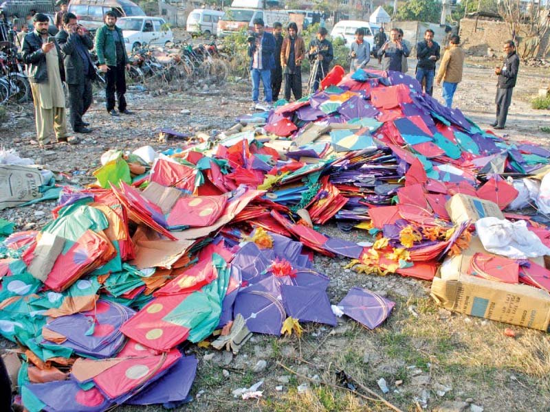 pile of confiscated kites that were torched by rawalpindi police photo inp