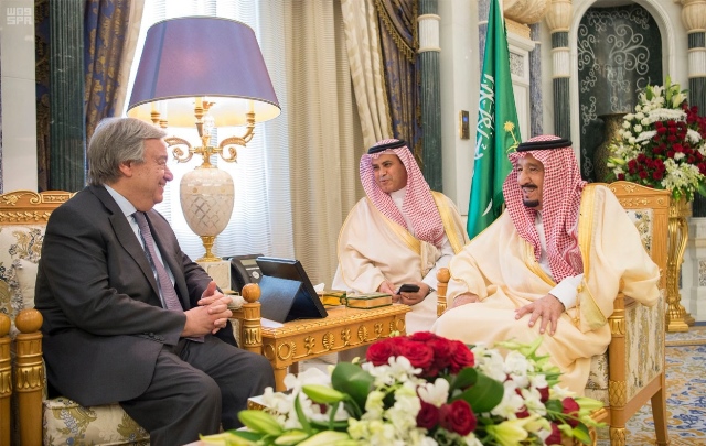 saudi king salman meets with u n secretary general antonio guterres in riyadh saudi arabia february 12 2017 photo reuters