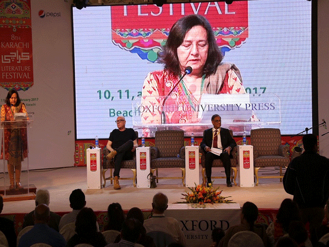 speakers addressing the 8th karachi literature festival on sunday